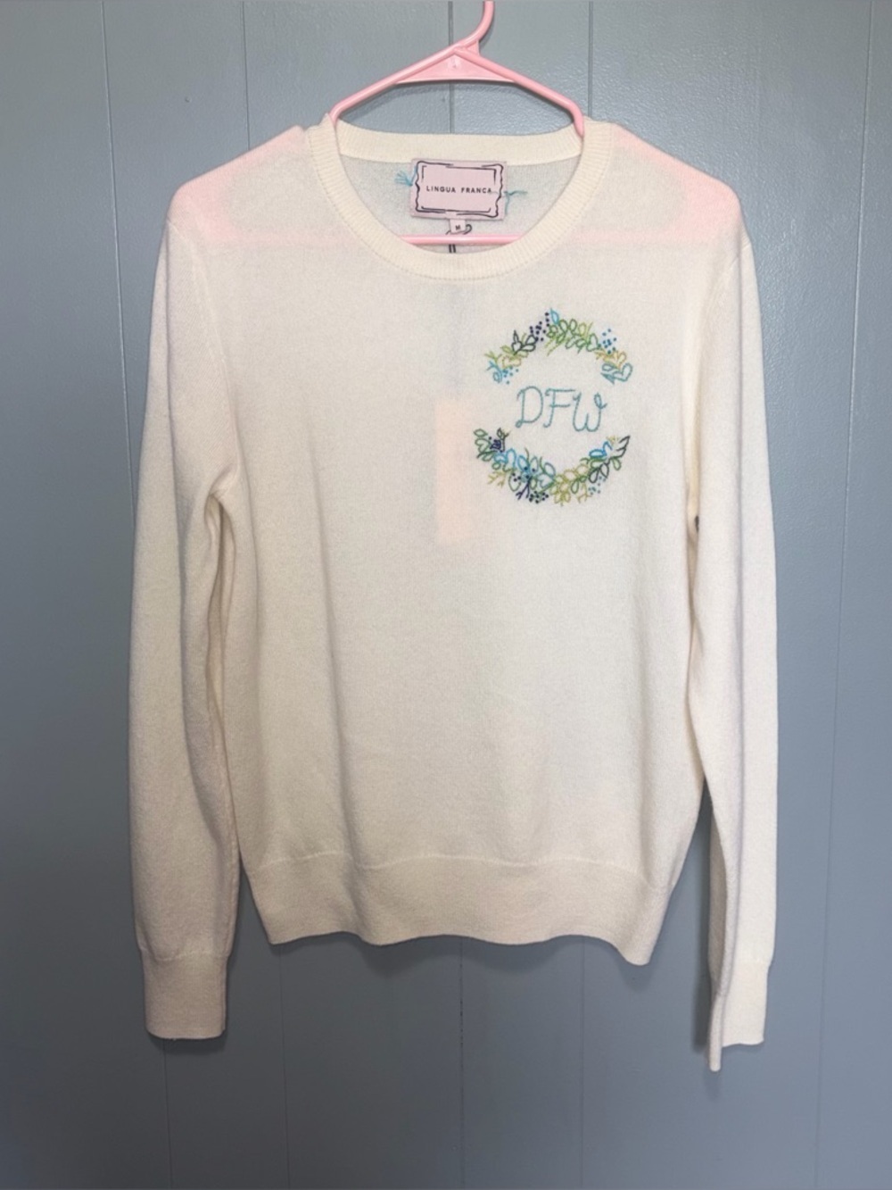 Lingua Franca DFW 100% Cashmere Cream Crewneck Sweater Medium NWT